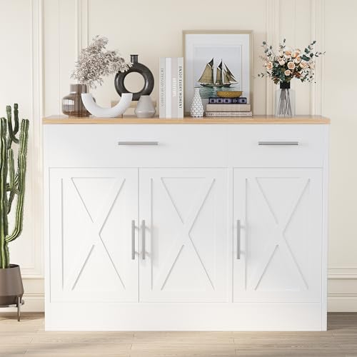 42" Modern Farmhouse Sideboard Buffet Cabinet with 3 Barn Doors and Adjustable Shelf, Wood Coffee Bar Storage for Kitchen or Living Room, White