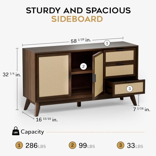 **58" Rattan Buffet Sideboard with 3 Drawers and 2 Doors, Pre-Assembled Accent Console Table for Living Room, Kitchen, or Dining, Walnut**