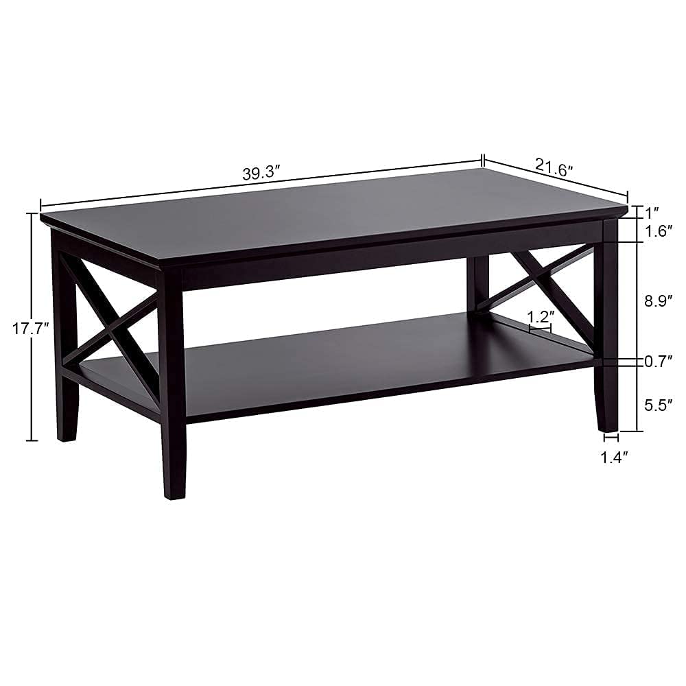 Black Wood Coffee Table with Thick Legs and Storage for Living Room
