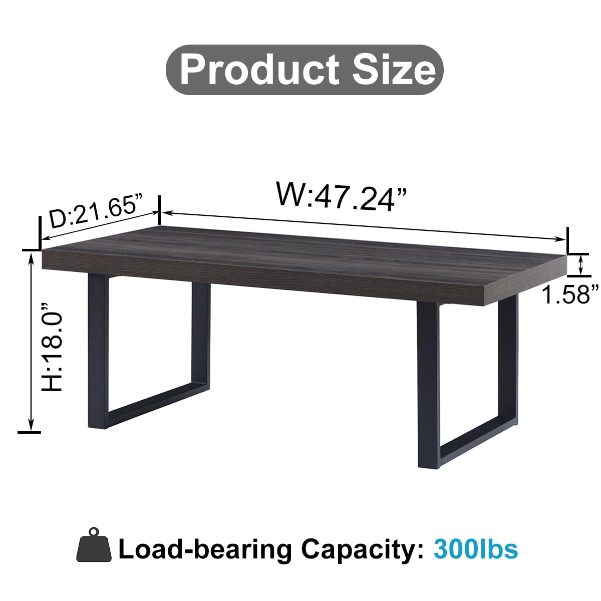 IBF 47" Rustic Coffee Table – Modern Industrial Wood and Metal Rectangle Center Table, Minimalist Farmhouse Cocktail Table for Living Room, Dark Gray Oak