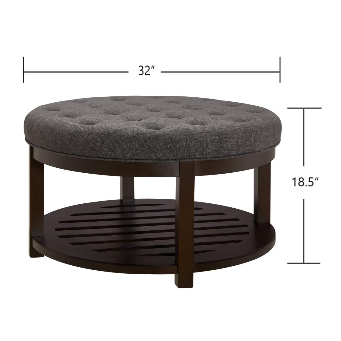 24KF Large Round Upholstered Tufted Linen Ottoman Coffee Table with Wooden Storage Shelf, Large Footrest Ottoman for Living Room, Dark Gray