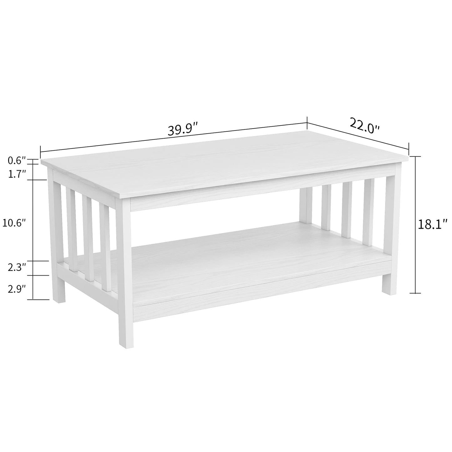 White Farmhouse Coffee Table with Shelf, 40 Inch Living Room Table