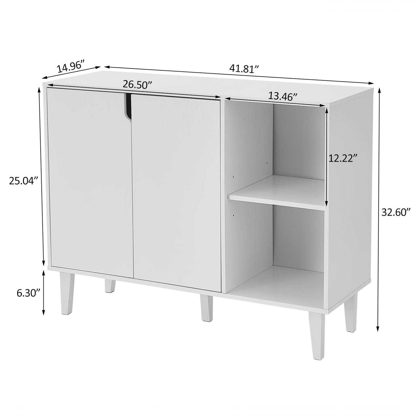 White Kitchen Buffet Cabinet with 2 Doors and 2 Shelves, Storage Sideboard, 41.8" L x 15" W x 32.5" H
