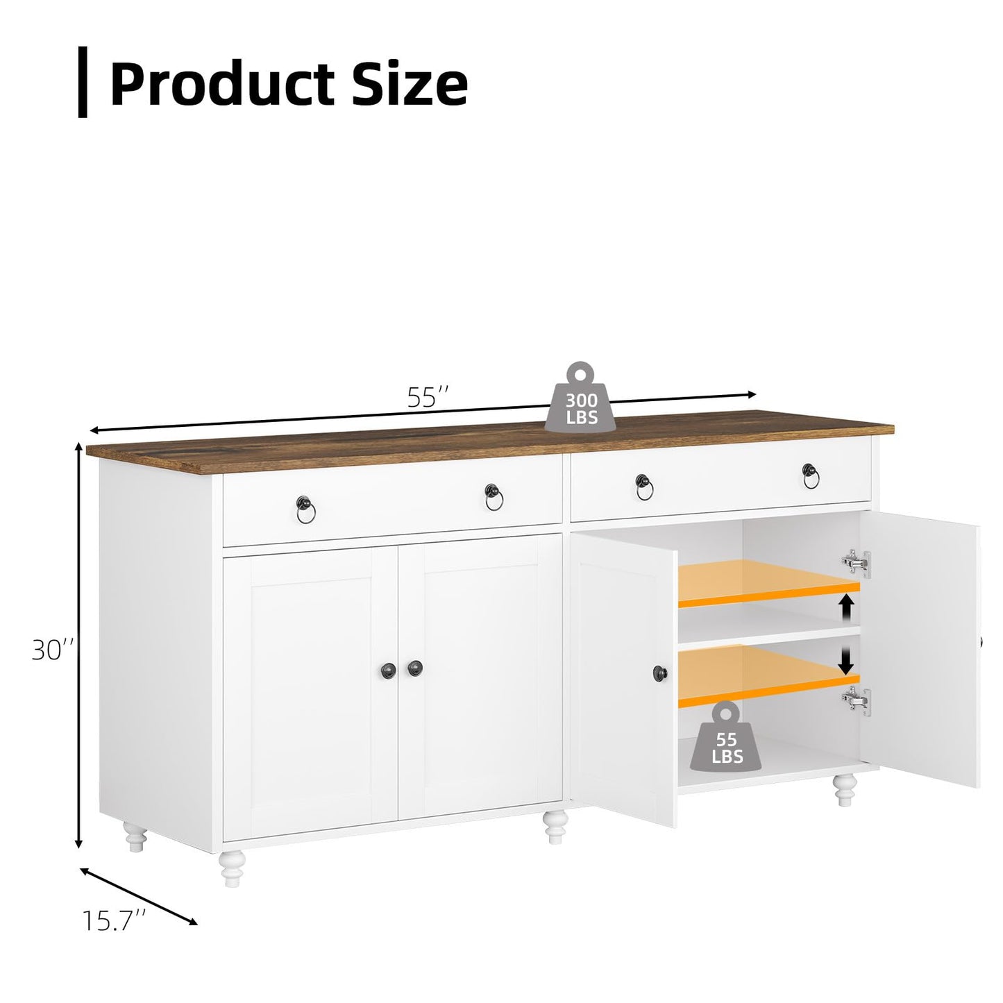 **55" Buffet Cabinet with Storage, Sideboard with 2 Drawers and 4 Doors, Modern Farmhouse Coffee Bar Cabinet, Wood Buffet Table for Kitchen or Dining Room, White**