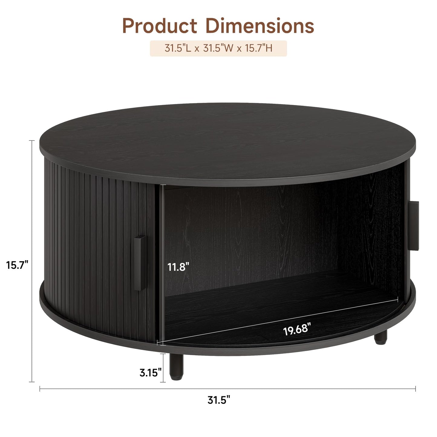 Round Coffee Table with Storage, 31.5" Modern Fluted Wood Table with 360° Sliding Door and Adjustable Footpads, Black