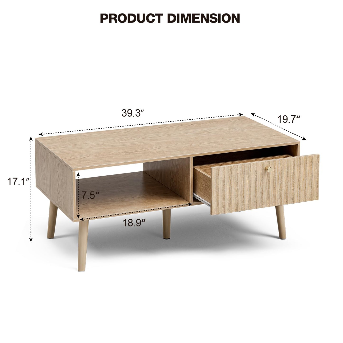 Boho Coffee Table with Storage – Fluted Drawer & Solid Wood Legs, Small Center Table for Living Room, Oak