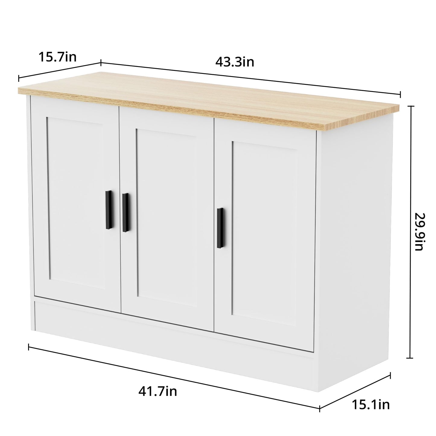43" White Buffet Cabinet with 3 Doors and Adjustable Shelf, Modern Coffee Bar Sideboard for Kitchen or Living Room