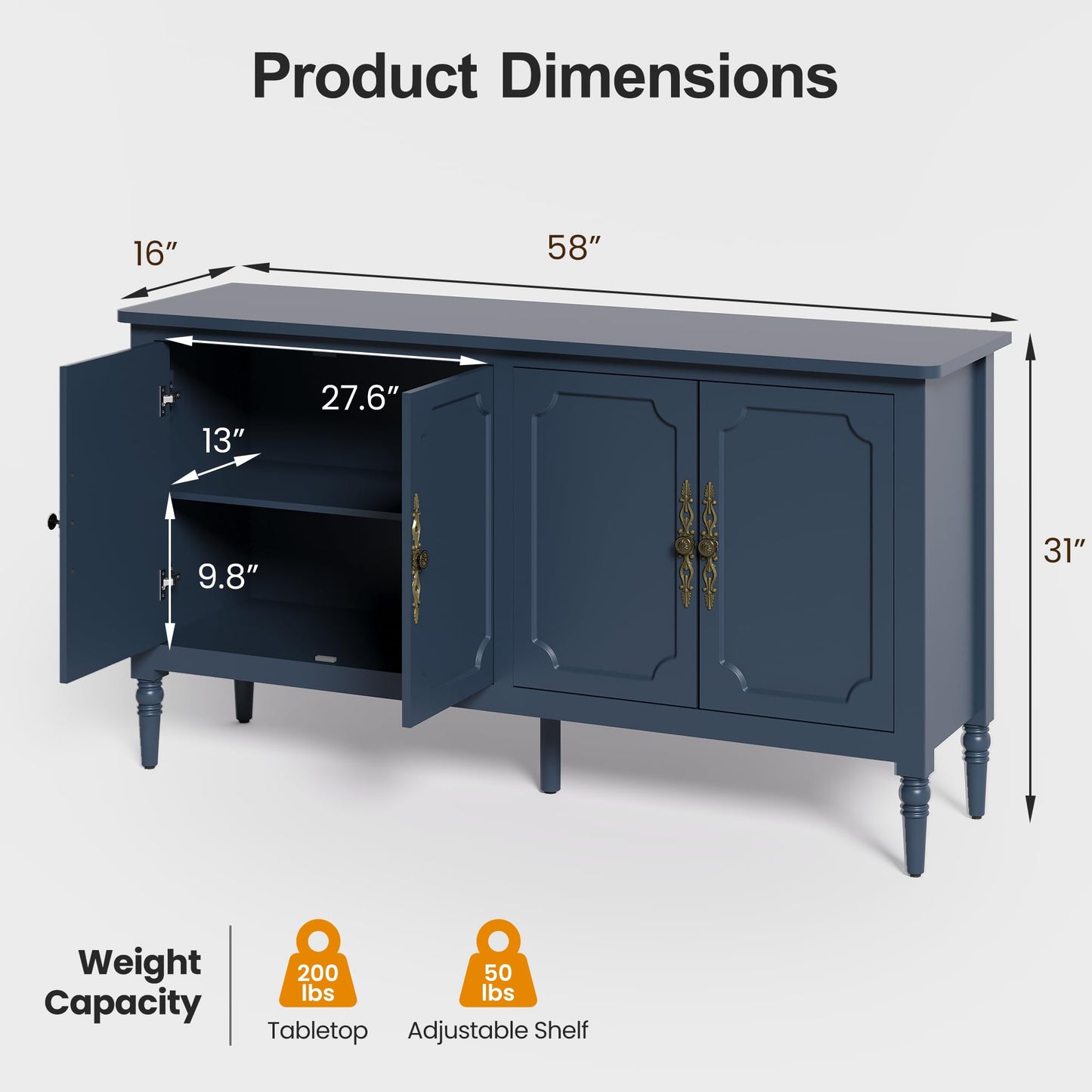 58" Mid-Century Modern Sideboard Buffet Cabinet with Storage and Solid Wood Legs, 4-Door Credenza for Entryway, Kitchen, or Living Room, Dove Gray