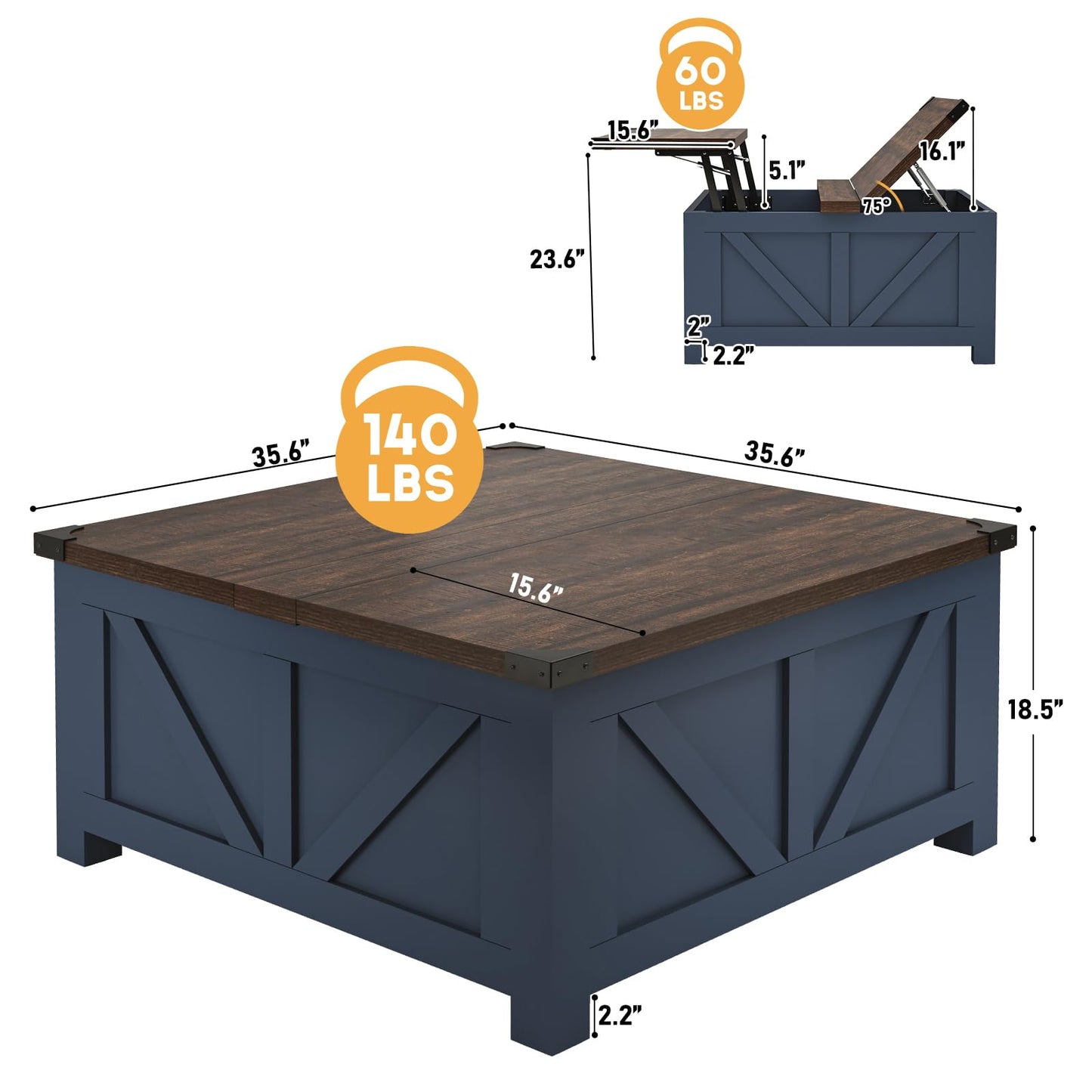 Farmhouse Lift Top Coffee Table with Storage and Charging Station – Blue Wood Square Center Table with USB Ports, Hidden Compartment, and Spacious Storage for Living Room, Bedroom, or Home Office