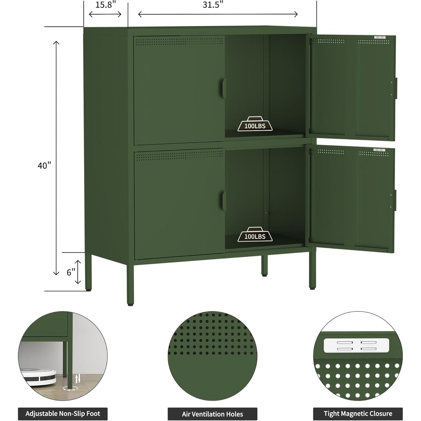 Metal Locker Storage Cabinet with 4 Doors and 3 Shelves, 39.96" Steel Storage Cabinet for Office, Home, Garage, Gym, or School