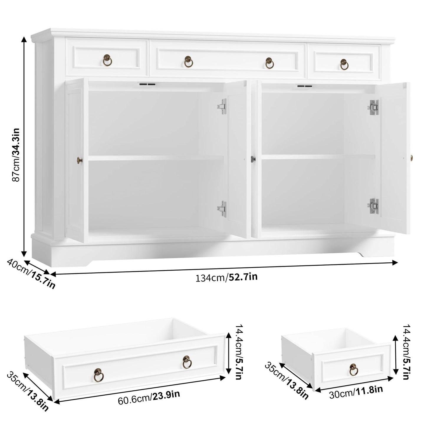 FINETONES 52.7" Large Buffet Cabinet with Storage, Modern Sideboard with 3 Drawers and 4 Doors, Wooden Coffee Bar Cabinet for Kitchen, Dining Room, or Living Room, White