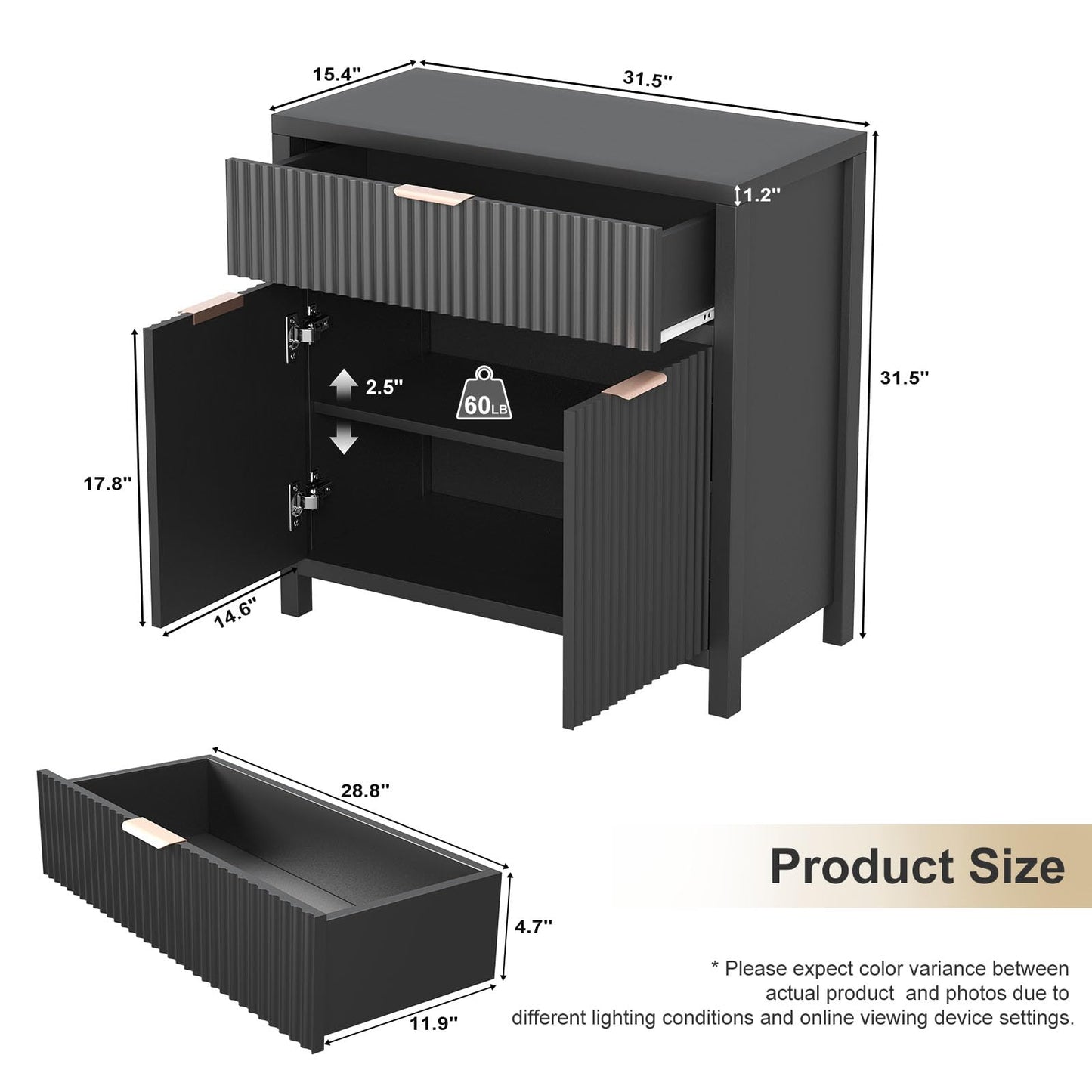 Fluted Storage Cabinet, Sideboard Buffet with Storage, 2 Door 1 Drawer Adjustable Shelf, Accent Cabinet, Console Tables, Credenzas for Living Room, Entryway Table Black