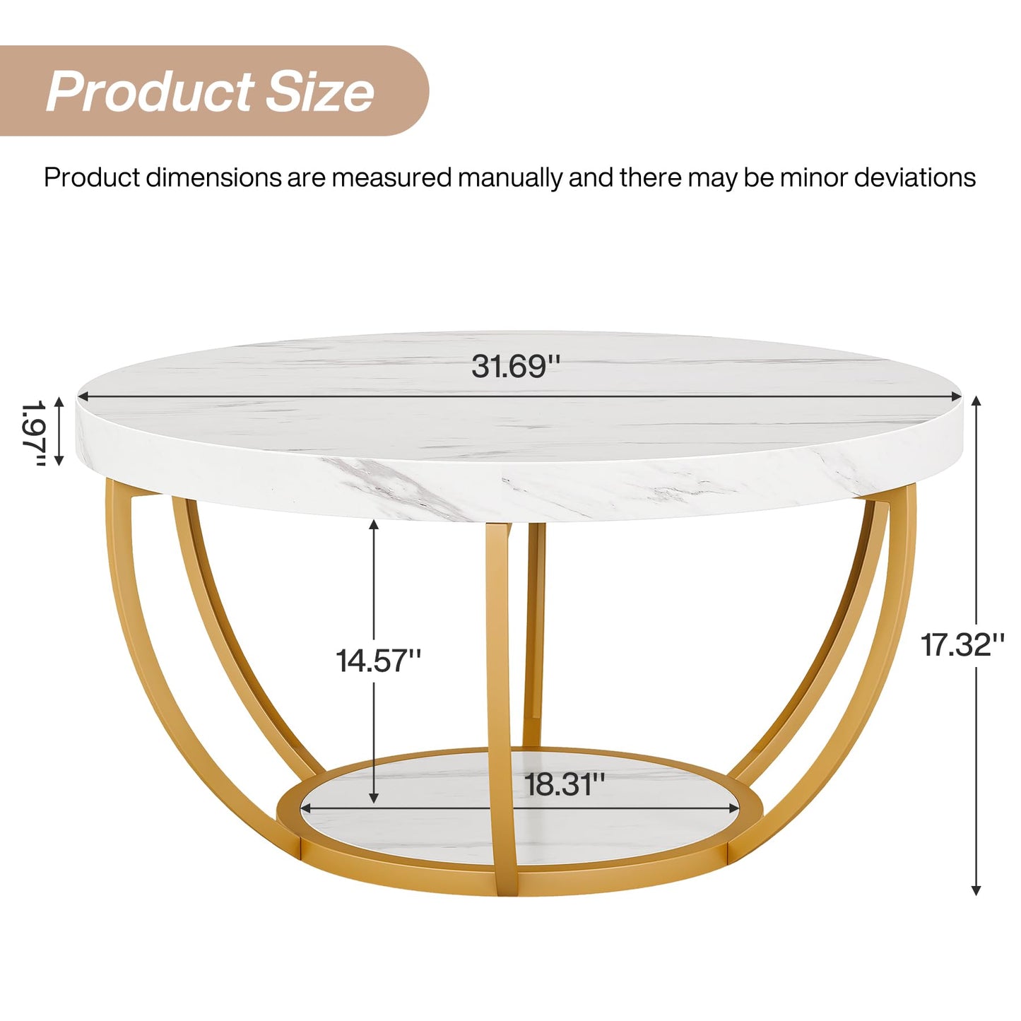 Tribesigns Modern Round Coffee Table, 2-Tier Circle Coffee Table with Faux White Marble Top and Gold Metal Legs, Elegant Accent Center Table for Living Room