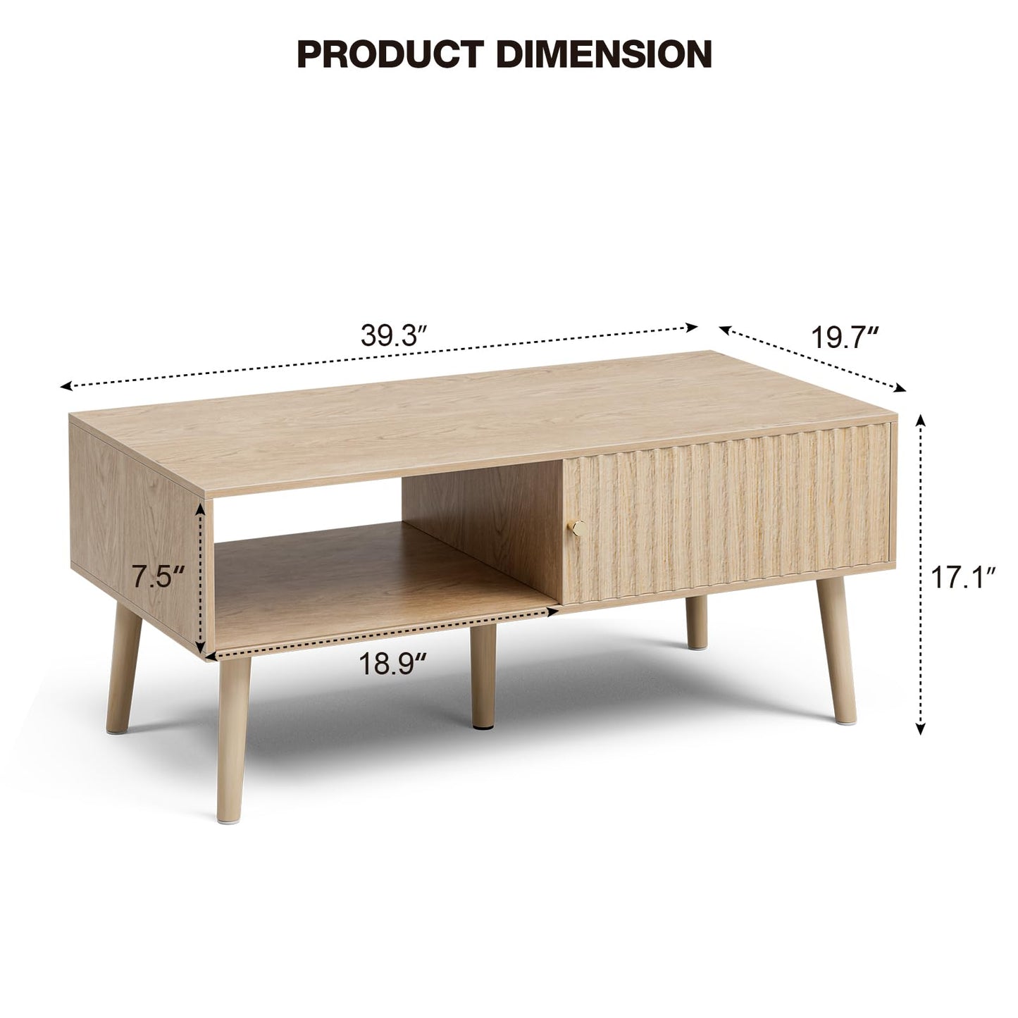 Boho Coffee Table with Storage – Sliding Fluted Door & Solid Wood Legs, Small Center Table for Living Room, Oak