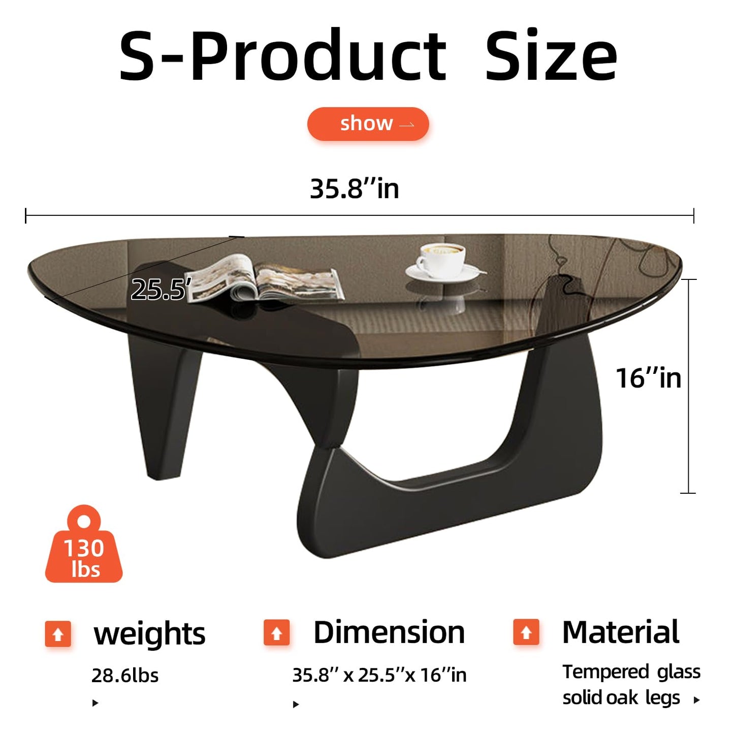 Mid Century Modern Glass Coffee Table, Small Coffee Table for Living Room Bedroom Office, Black/Grey Medium