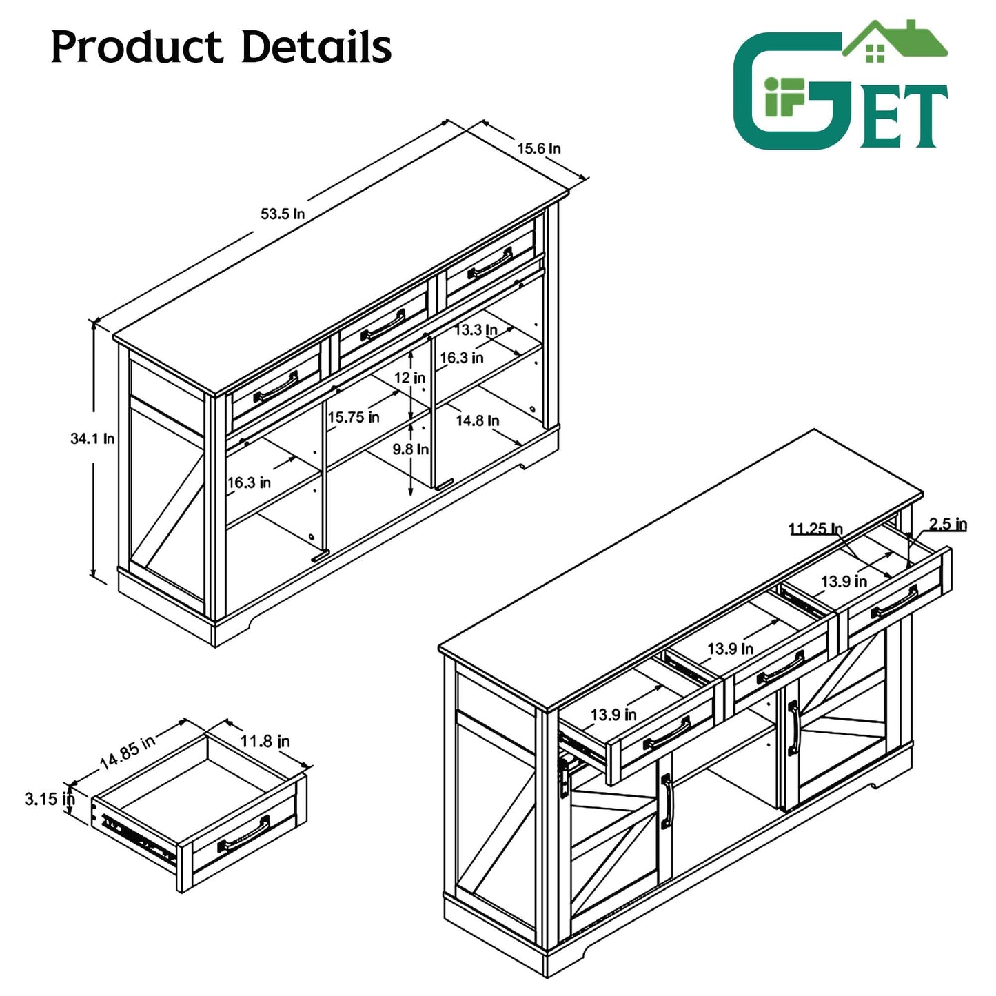 **Farmhouse Buffet Cabinet, 53" Sideboard with 3 Drawers, Rustic Storage Cabinet with Sliding Barn Door, Coffee Bar for Dining Room, Kitchen, Hallway, or Living Room, Brown**
