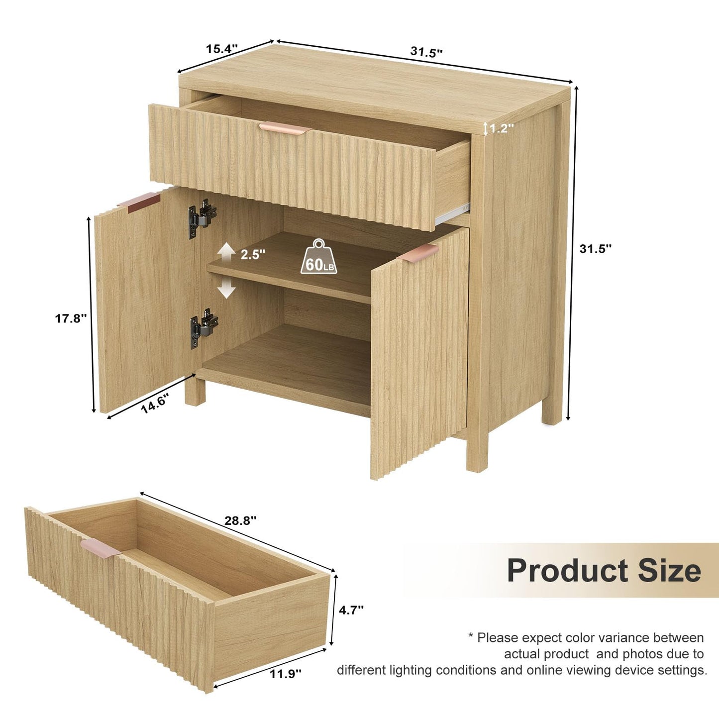 **Oak Fluted Door Accent Cabinet, Sideboard Buffet with 2 Doors, 1 Drawer & Adjustable Shelf, Modern Console Table for Living Room and Entryway**