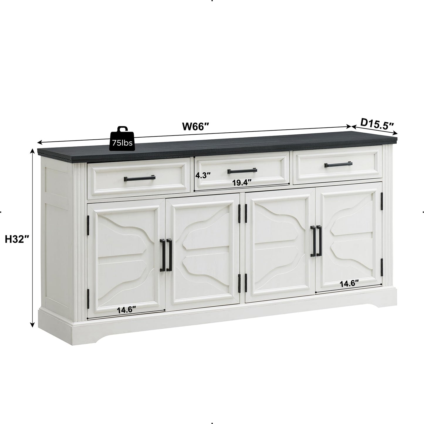 66" Large Buffet Sideboard Cabinet with 4 Doors and 3 Drawers, Storage Buffet Table for Dining or Living Room, Off White