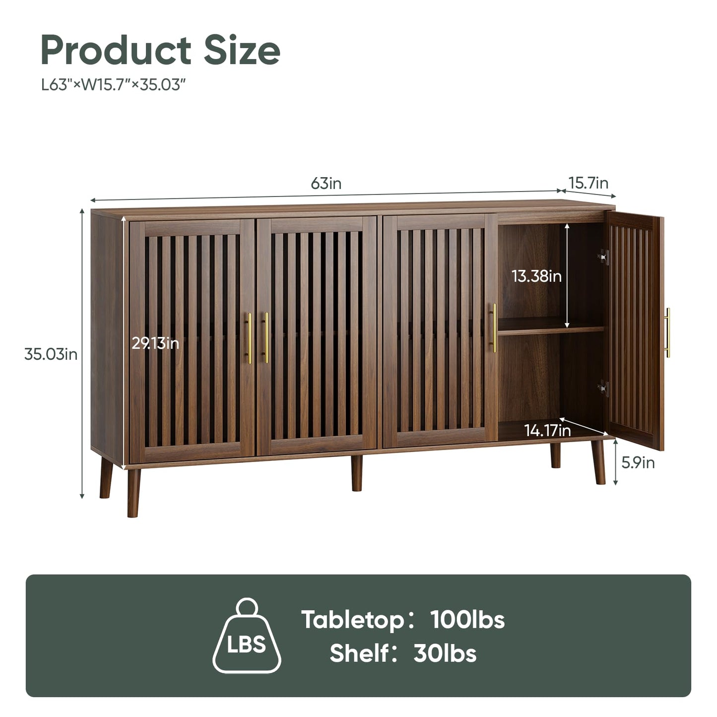 63" Sideboard Buffet with 4 Louvered Doors and Gold Handles, Farmhouse Coffee Bar Storage Cabinet for Entryway, Kitchen, Dining, or Living Room, Natural Oak