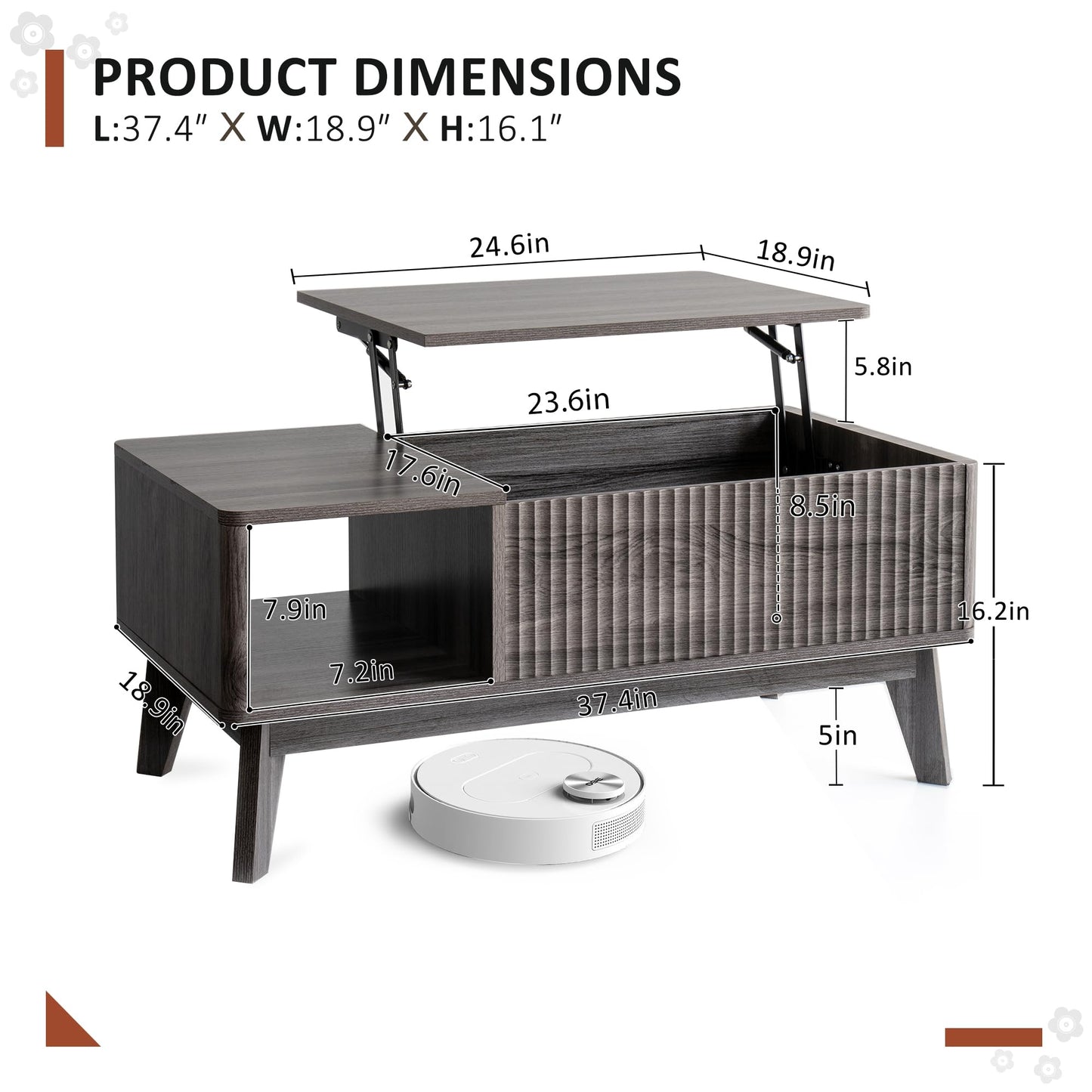 LYNCOHOME Fluted Lift Top Coffee Table with Storage – Modern Center Table for Living Room or Home Office, Grey Finish