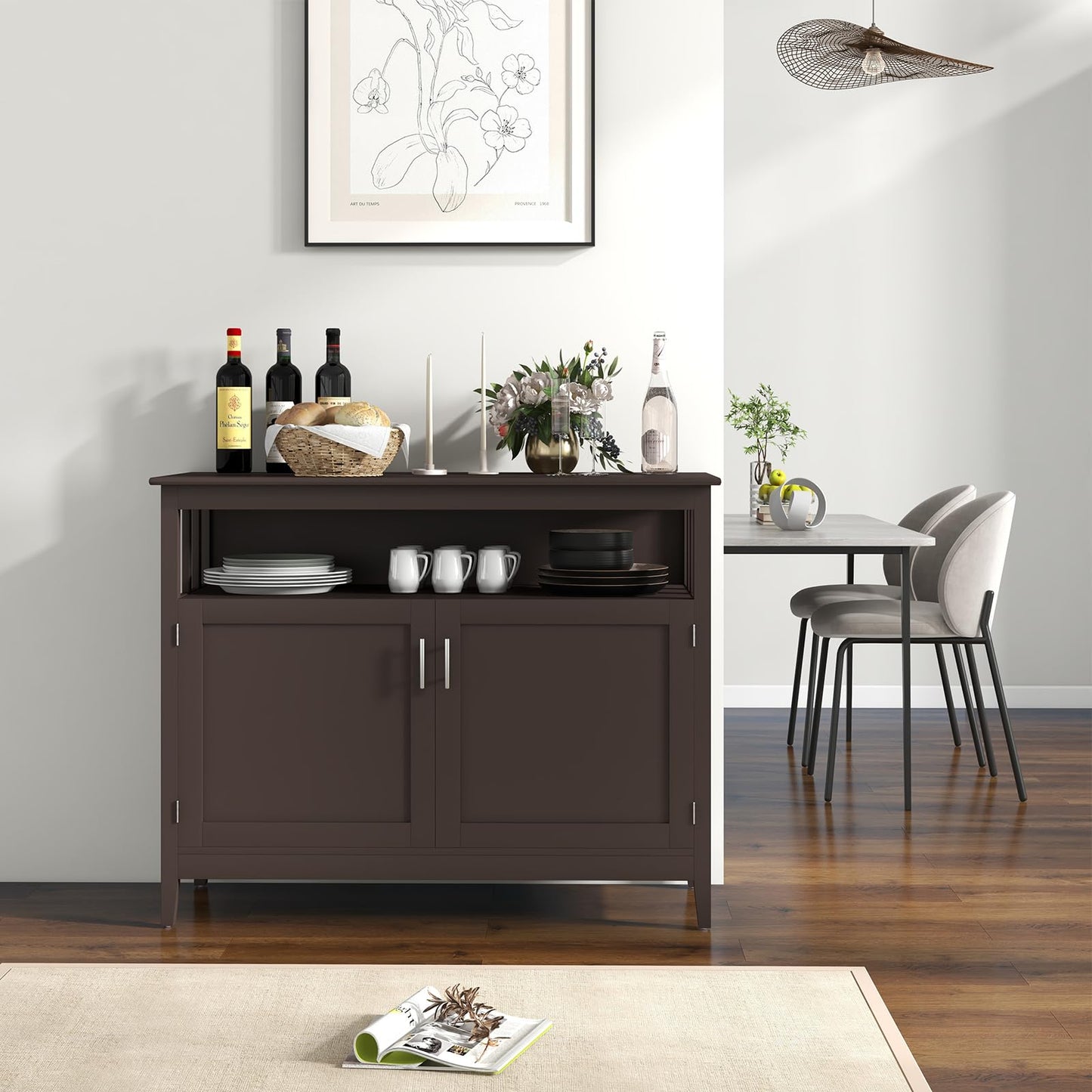 Freestanding Buffet Cabinet with Adjustable Shelf, Kitchen Storage Sideboard Console Table, 45" x 20" x 36", Brown