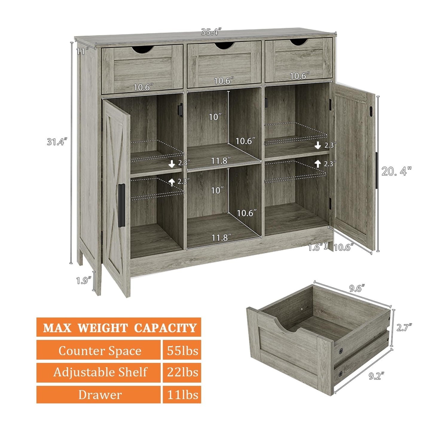 Storage Cabinet with 2 Doors, 3 Drawers, and 2 Adjustable Shelves, Coffee Bar Sideboard for Bathroom, Kitchen, or Living Room, Gray