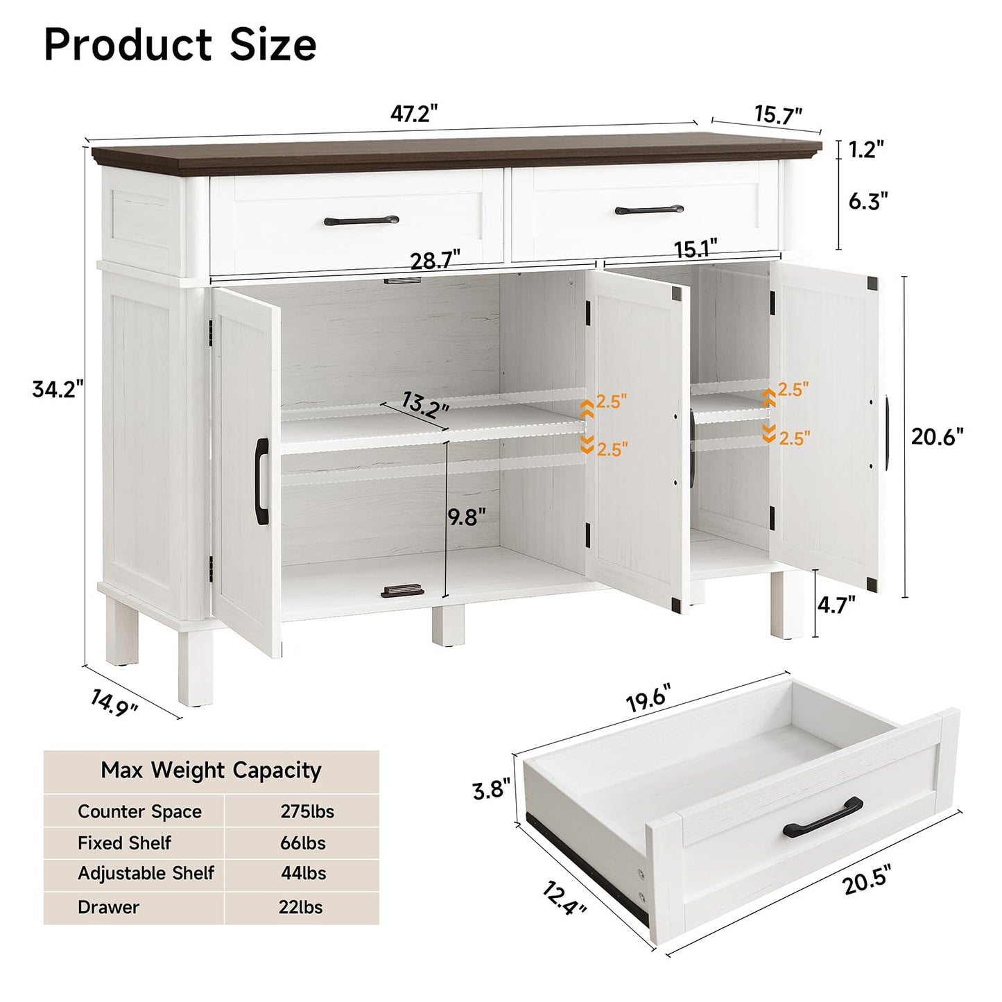 48" Farmhouse Buffet Sideboard Cabinet with 2 Drawers and 3 Doors, Wood Coffee Bar Cabinet with Adjustable Shelves for Kitchen or Living Room, Off White