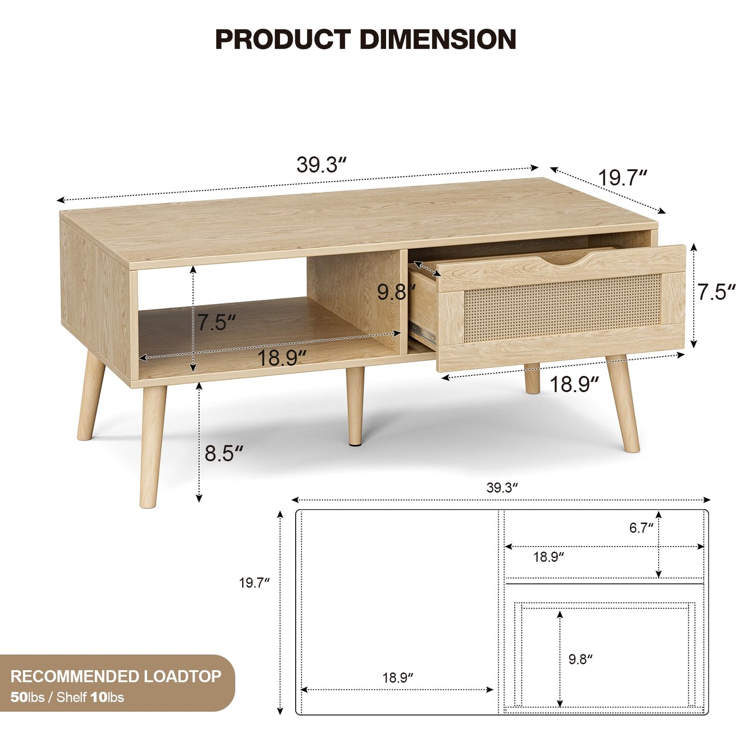 Boho Coffee Table with Rattan Drawer and Solid Wood Legs, Small Living Room Table with Storage, Oak