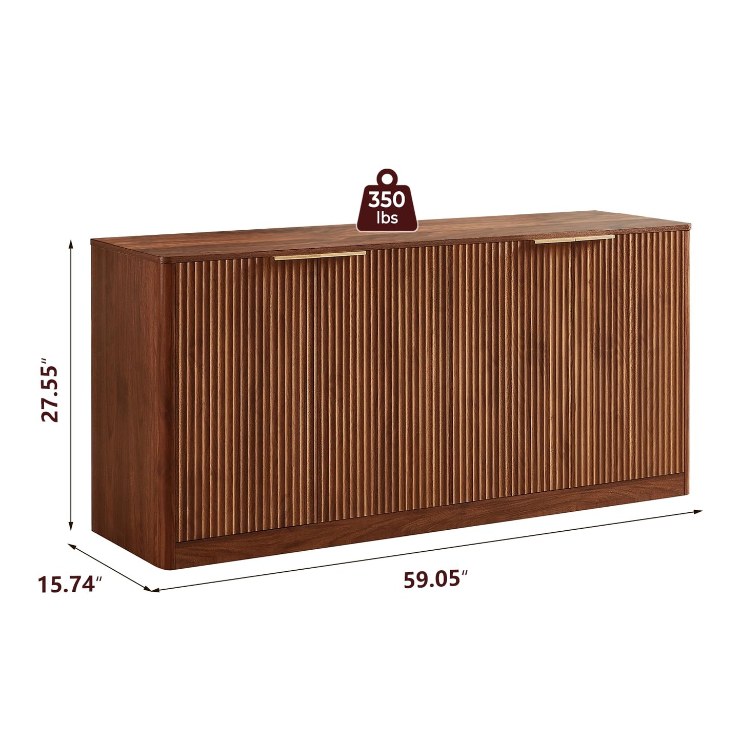 59" Fluted Walnut Sideboard Buffet Cabinet with 4 Doors, Large Wood Mid-Century Modern Storage Cabinet for Kitchen and Living Room