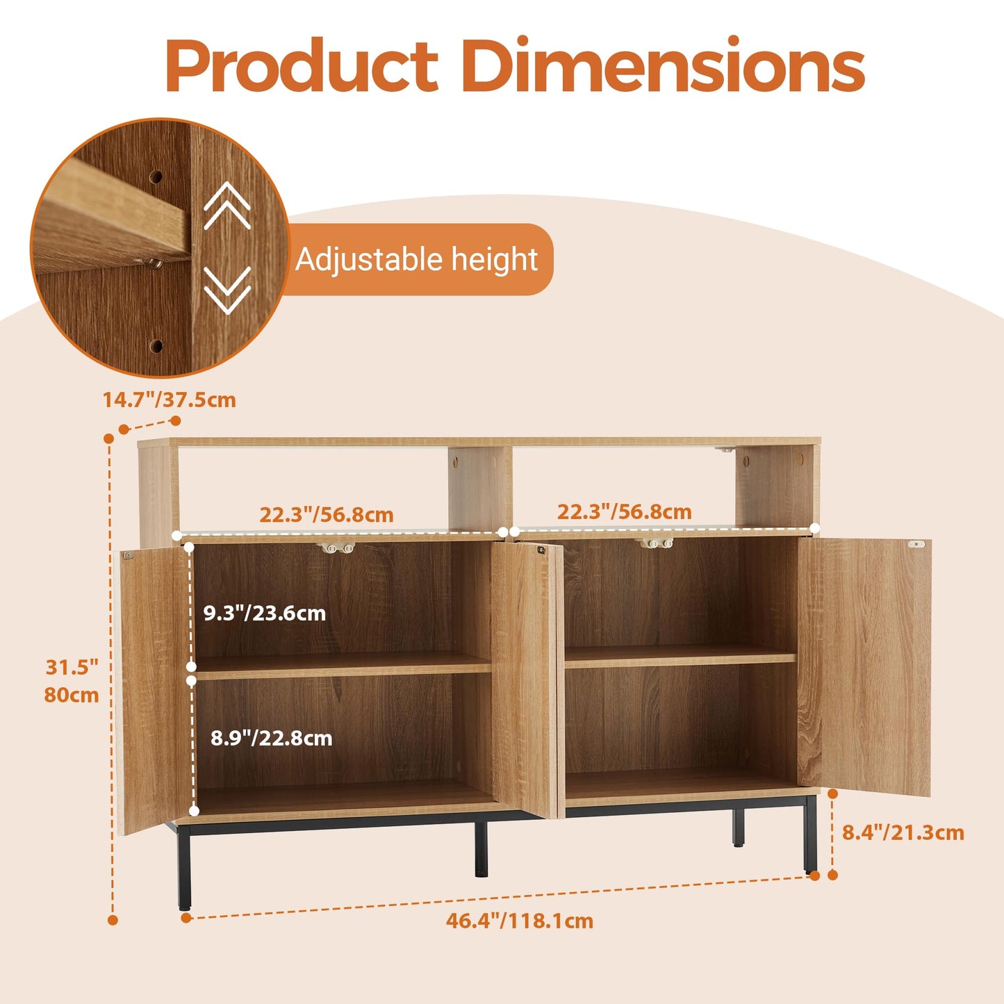 Farmhouse Buffet Sideboard Cabinet with Storage, Fluted Natural Coffee Bar Station Table with Doors and Adjustable Shelves, Modern Wood Cupboard for Kitchen