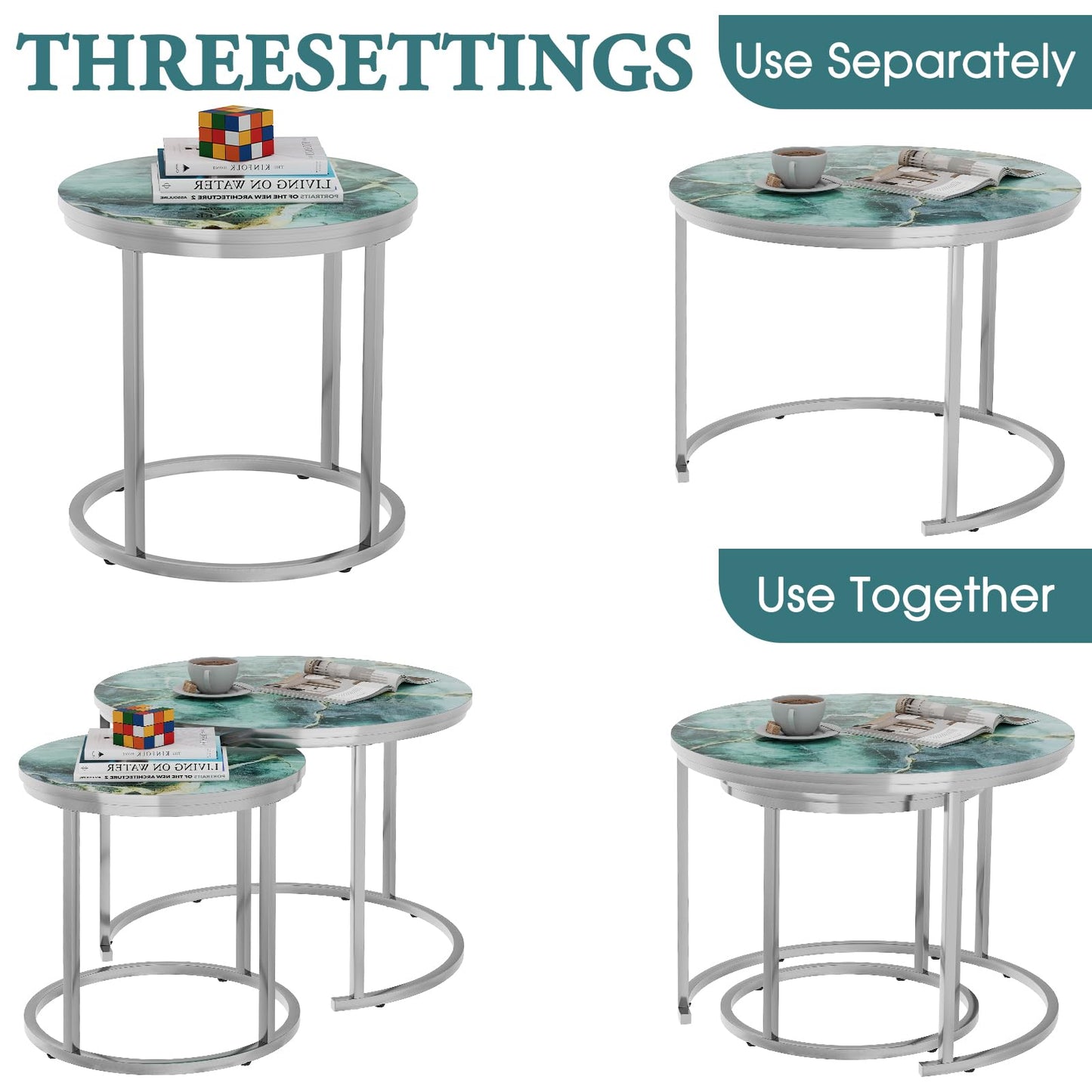 Nesting Coffee Table Set of 2, Round Green Art Top Tables with Sturdy Metal Frame for Living Room or Bedroom, Modern Industrial Style