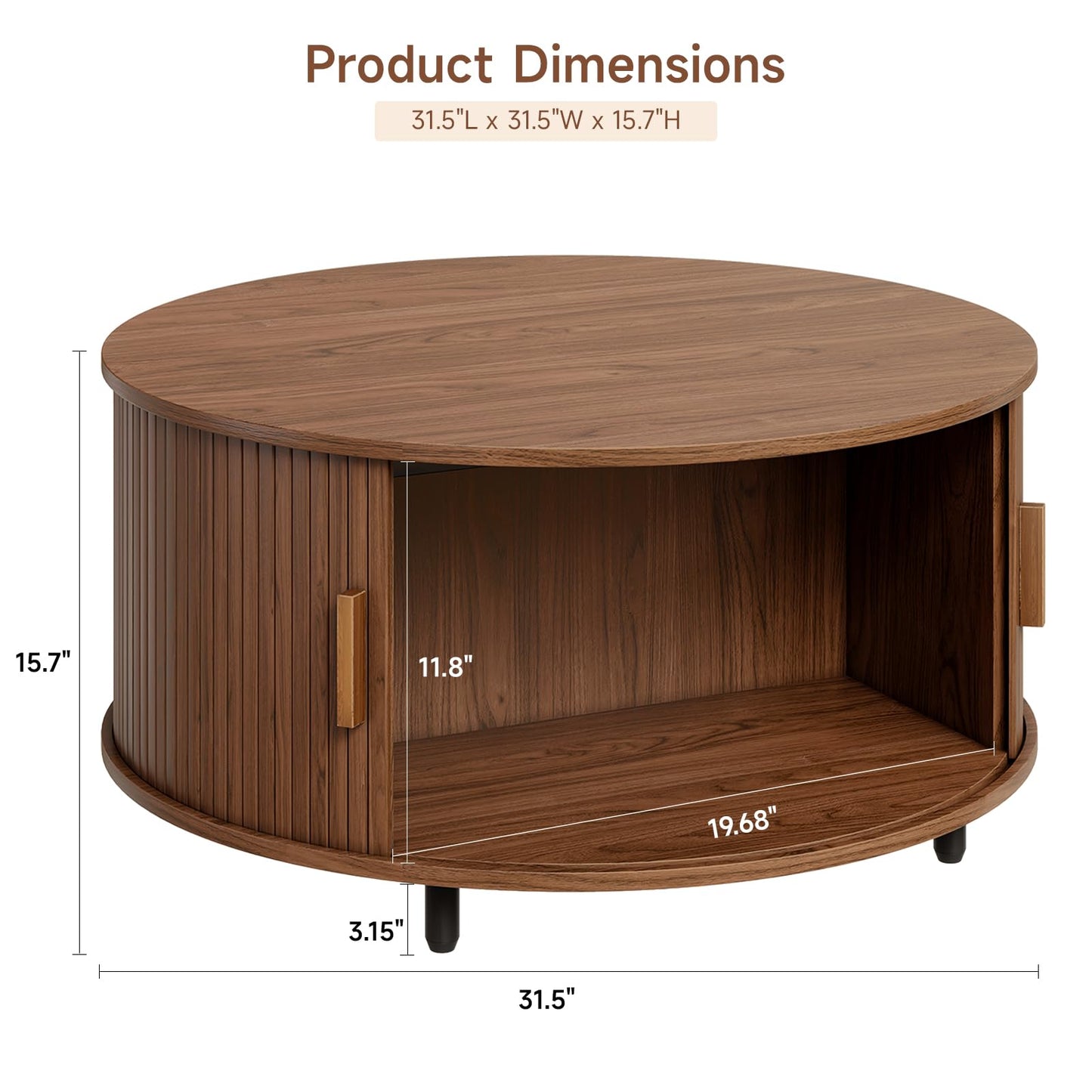 Round Coffee Table with Storage, 31.5" Modern Fluted Wood Table with 360° Sliding Door and Adjustable Footpads, Walnut