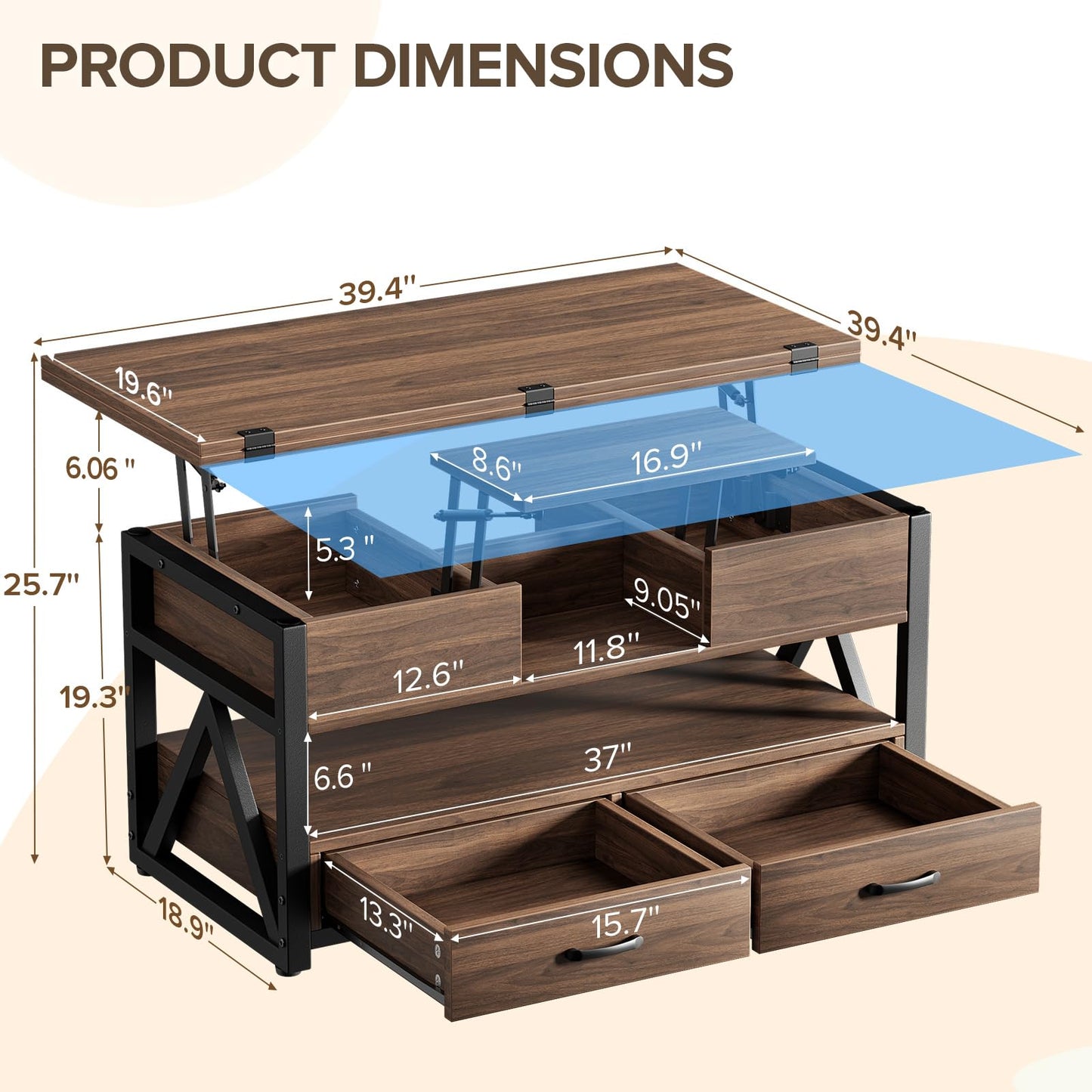 40" Lift Top Coffee Table, 4-in-1 Multi-Functional Farmhouse Coffee Table with Storage Drawers & Hidden Compartment, Lift Tabletop Center Table for Living Room, Walnut
