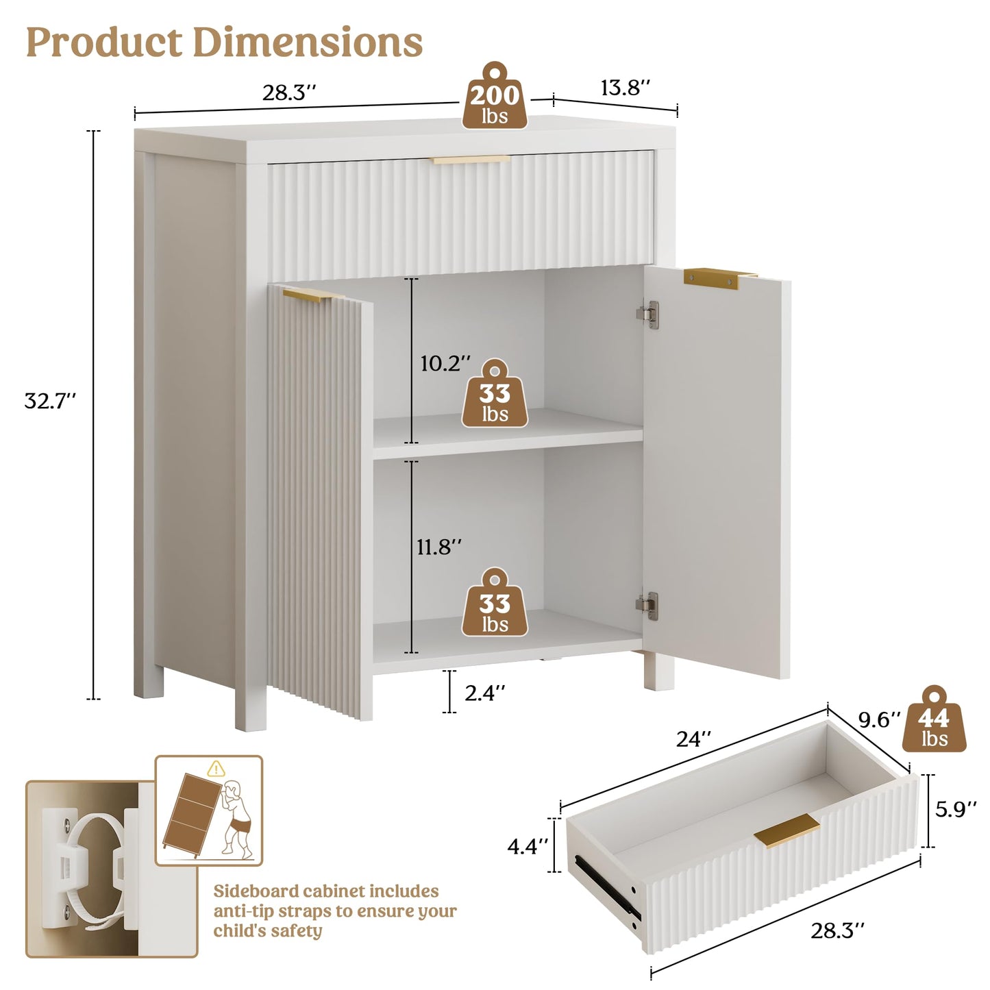 White Fluted Storage Cabinet with Drawers and Adjustable Shelves, Buffet Sideboard for Kitchen, Living Room, or Entryway
