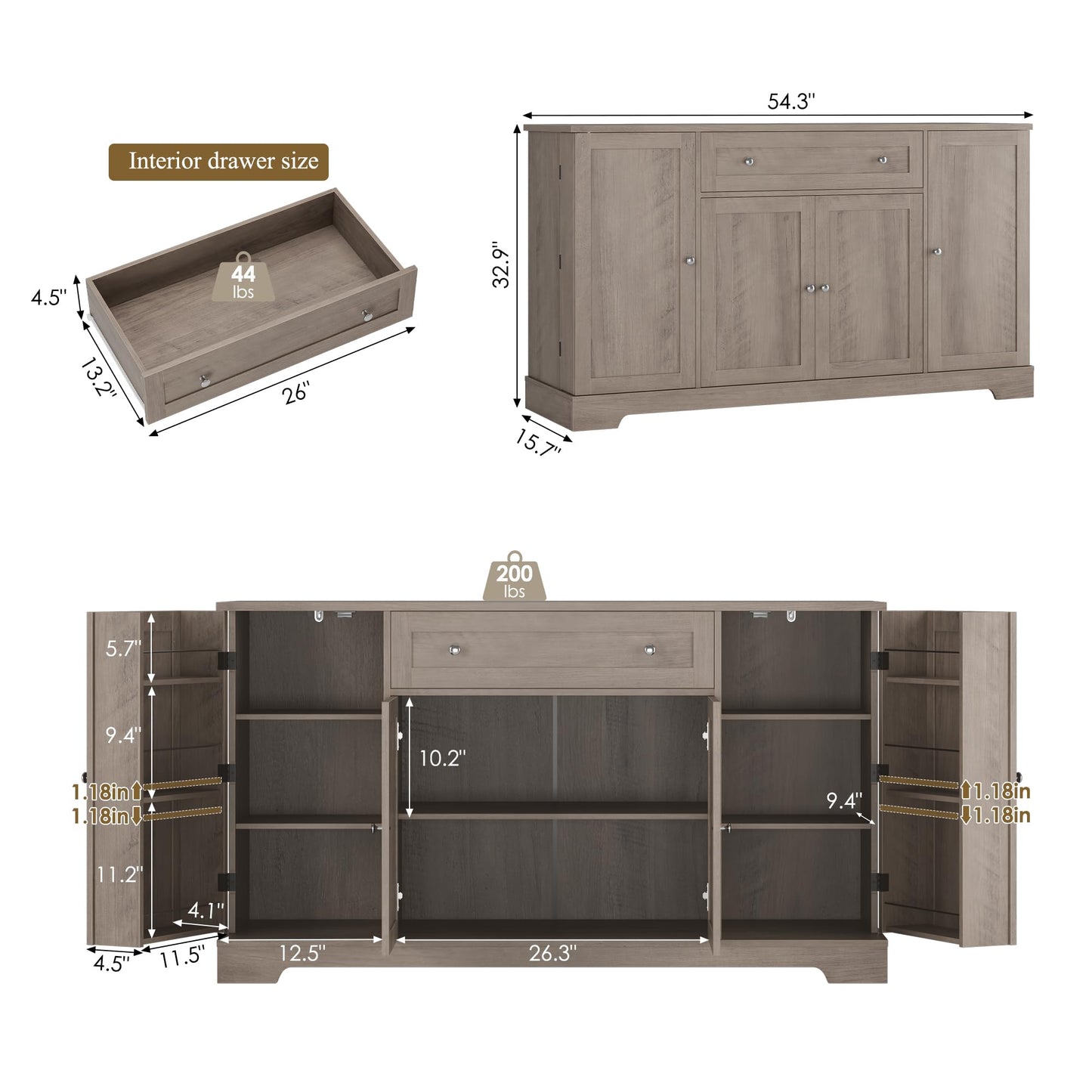 **HITHOS 54" Modern Buffet Cabinet with Storage, Ash Grey Kitchen Sideboard with Drawer, Wood Coffee Bar Station with Adjustable Shelves for Living Room**