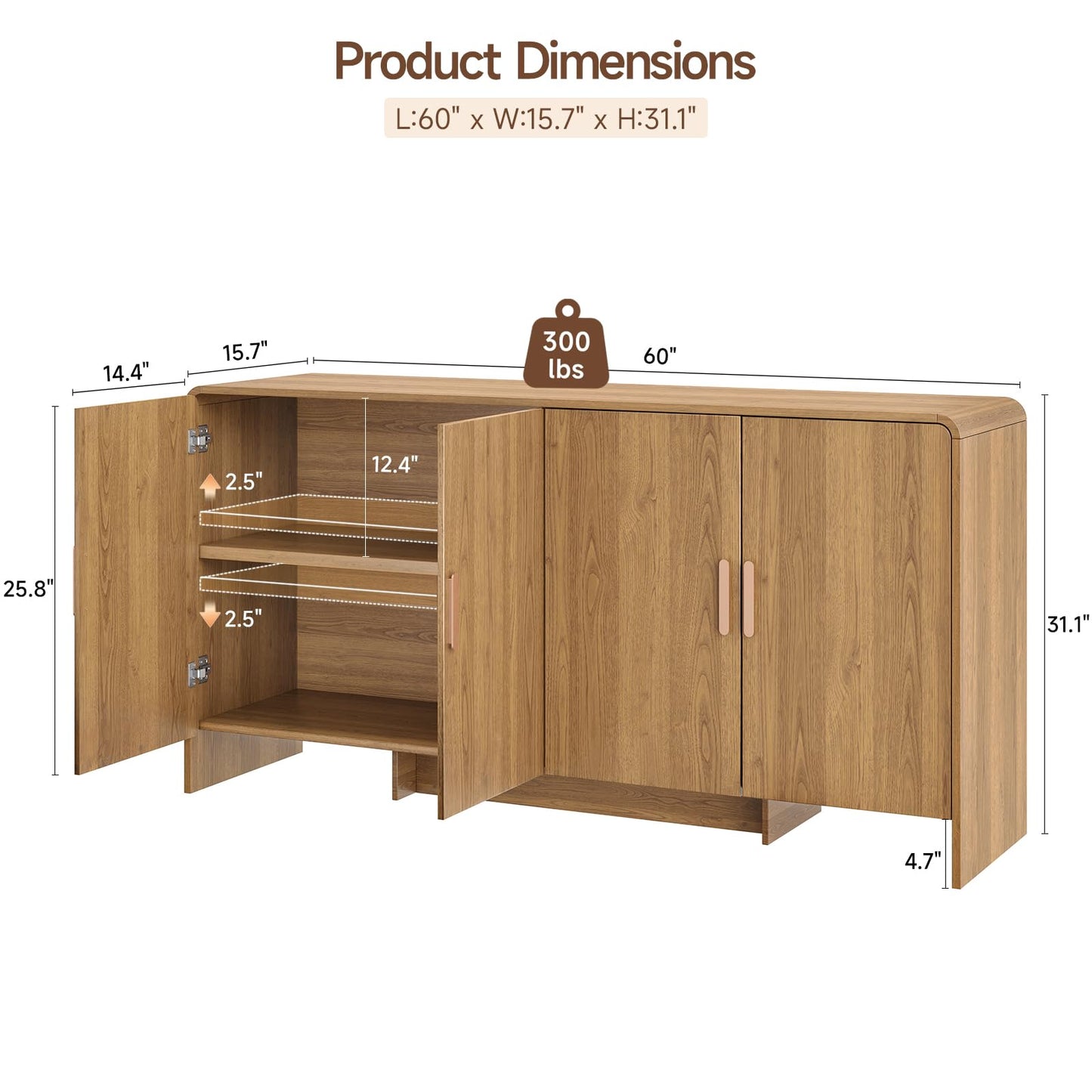 60" Curved Sideboard Buffet Cabinet with 4 Doors and Adjustable Shelves, Farmhouse Coffee Bar Storage for Living Room, Kitchen, or Hallway, Oak