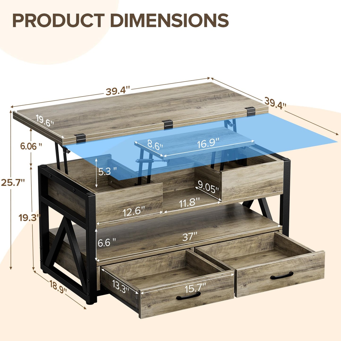 40" Lift Top Coffee Table, 4-in-1 Multi-Functional Farmhouse Coffee Table with Storage Drawers & Hidden Compartment, Lift Tabletop Center Table for Living Room, Grey