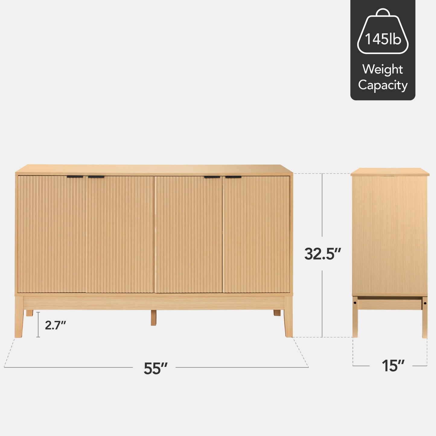 Modern 55" 4-Door Sideboard Storage Cabinet with Reed Panels and Adjustable Shelves, Buffet Media Cabinet for Entryway or Living Room, Natural