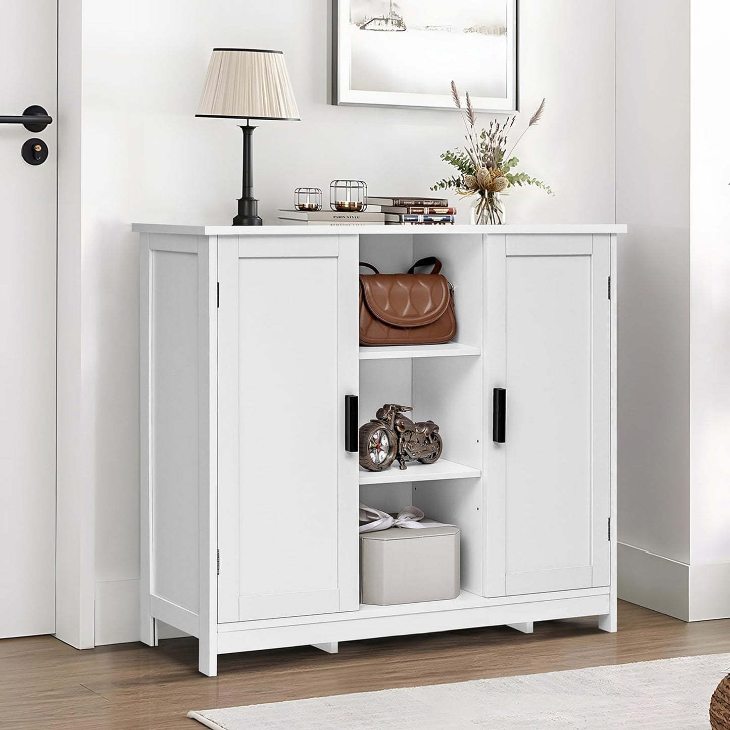 Storage Cabinet with 2 Doors and 4 Shelves, Credenza Buffet Cabinet for Living Room, Entryway, or Home Office, White