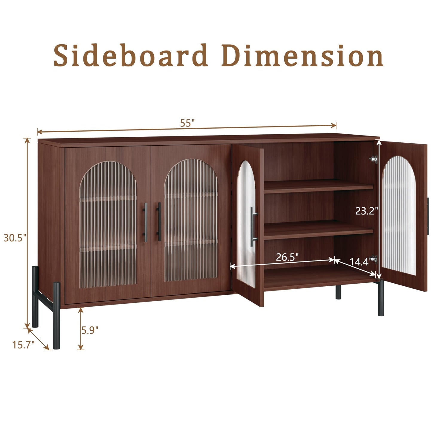 55" Modern Sideboard Buffet Cabinet with 4 Fluted Acrylic Doors and Adjustable Shelves, Wood Console Table for Living Room or Kitchen, Dark Walnut