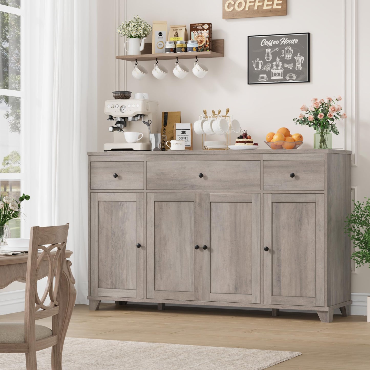**HIFIT 55" Large Kitchen Buffet Cabinet with Storage, Farmhouse Sideboard with Drawers, Doors, and Shelves, Wood Coffee Bar for Kitchen, Dining, or Living Room, Ash Grey**