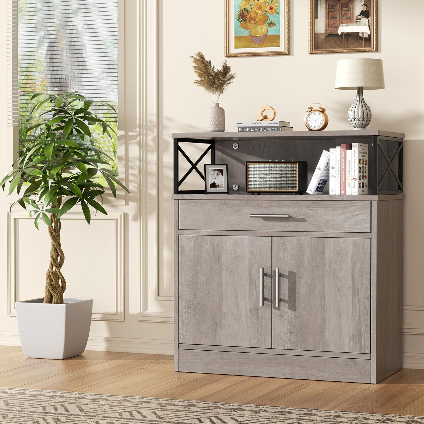 **Shintenchi Modern Kitchen Buffet Cabinet with Adjustable Shelf, Farmhouse Coffee Bar Storage Cabinet, Ash Grey**