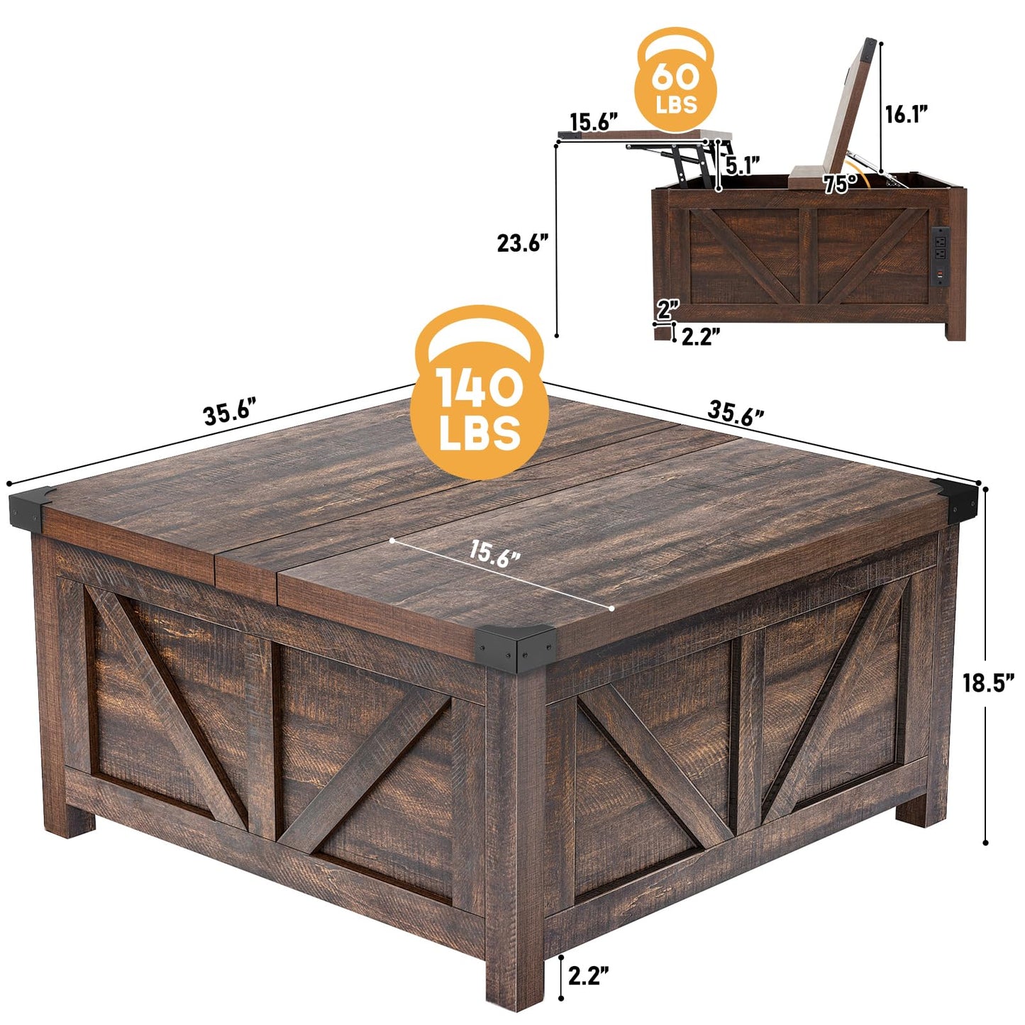Farmhouse Lift Top Coffee Table with Storage and Charging Station – Brown Wood Square Center Table with USB Ports, Hidden Compartment, and Spacious Storage for Living Room, Bedroom, or Home Office