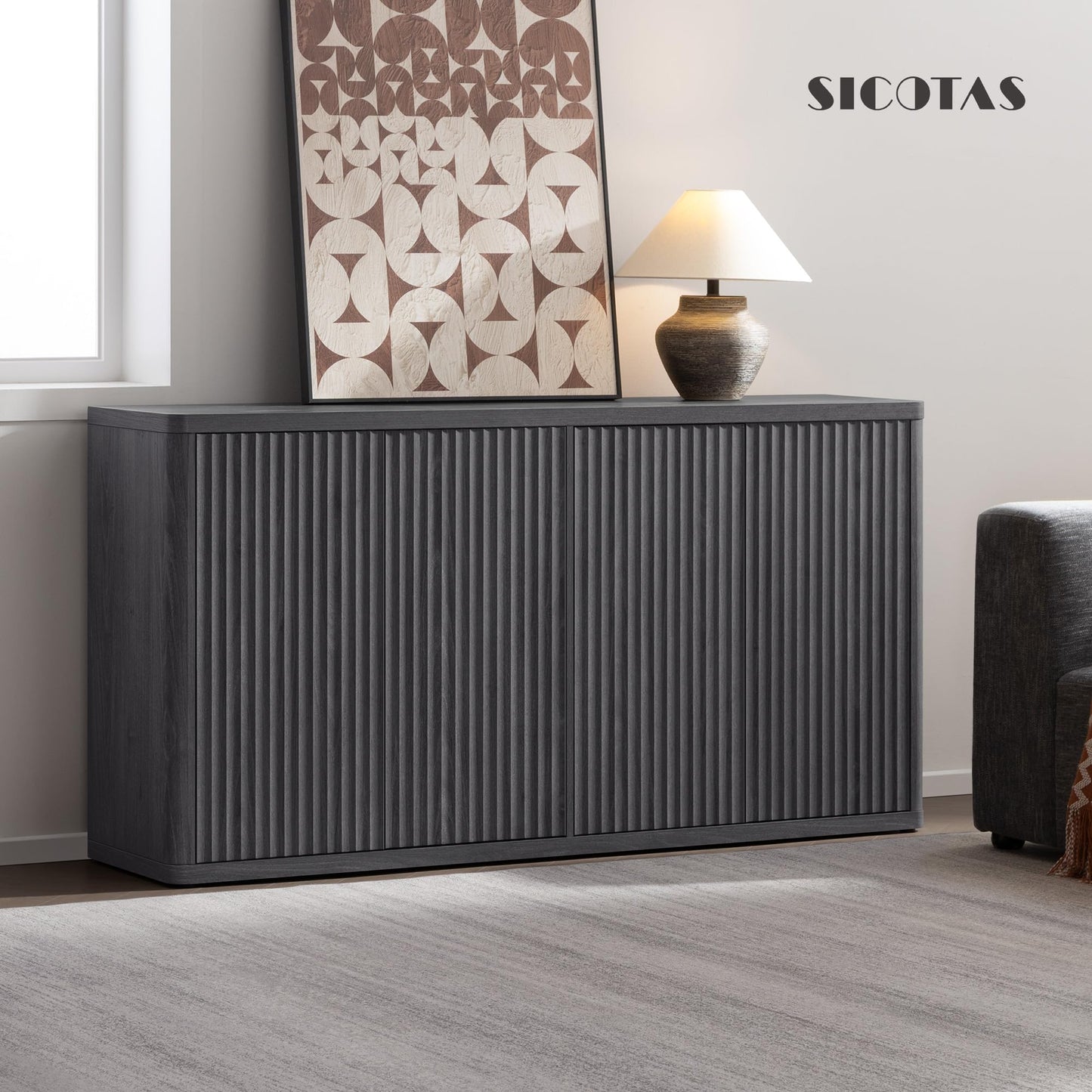 SICOTAS 66.3" Modern Fluted Buffet Cabinet with Storage, Accent Sideboard with 4 Doors, Wide Credenza Buffet Table Media Console Cabinet for Entryway, Living Room, Kitchen, Dining Room, or Hallway