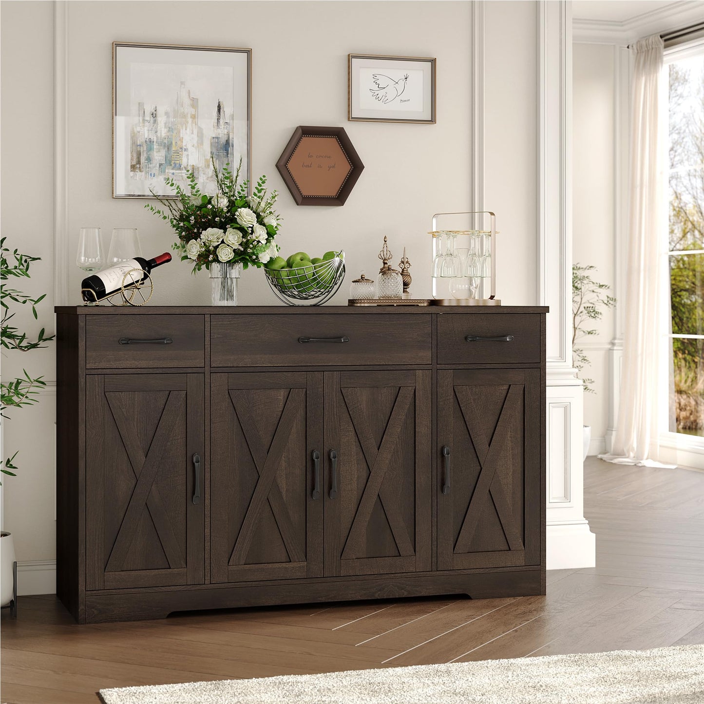 55" Large Buffet Sideboard Cabinet with Drawers, Shelves, and Doors, Modern Farmhouse Coffee Bar Station for Kitchen or Dining Room, Dark Brown