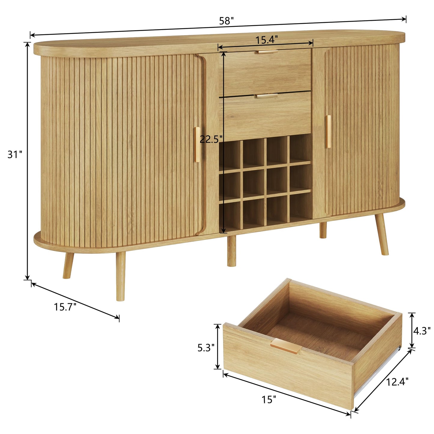 58" Fluted Buffet Cabinet with Drawers, Adjustable Shelves, and 12 Wine Racks, Mid-Century Modern Sideboard for Kitchen or Living Room, Natural Oak