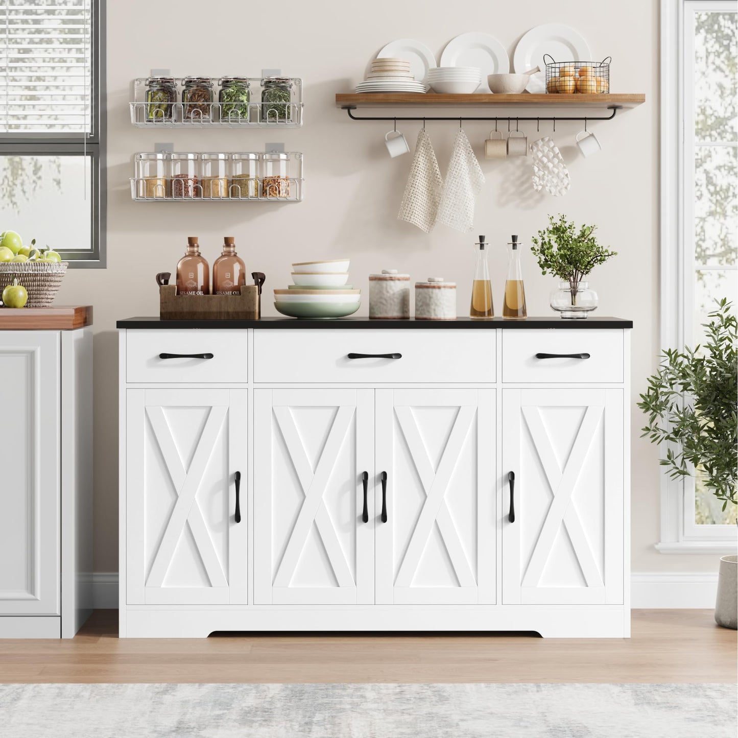 55" Large Buffet Sideboard Cabinet with Drawers, Shelves, and Doors, Modern Farmhouse Coffee Bar Station for Kitchen or Dining Room, White/Black