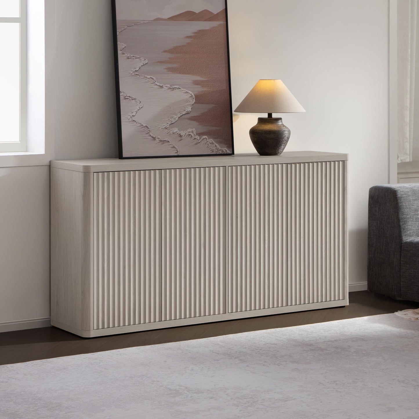 SICOTAS 66.3" Fluted Buffet Cabinet with Storage, Modern Sideboard with 4 Doors, Wide Credenza Buffet Table Media Console Cabinet for Entryway, Kitchen, Dining Room, Living Room, or Hallway