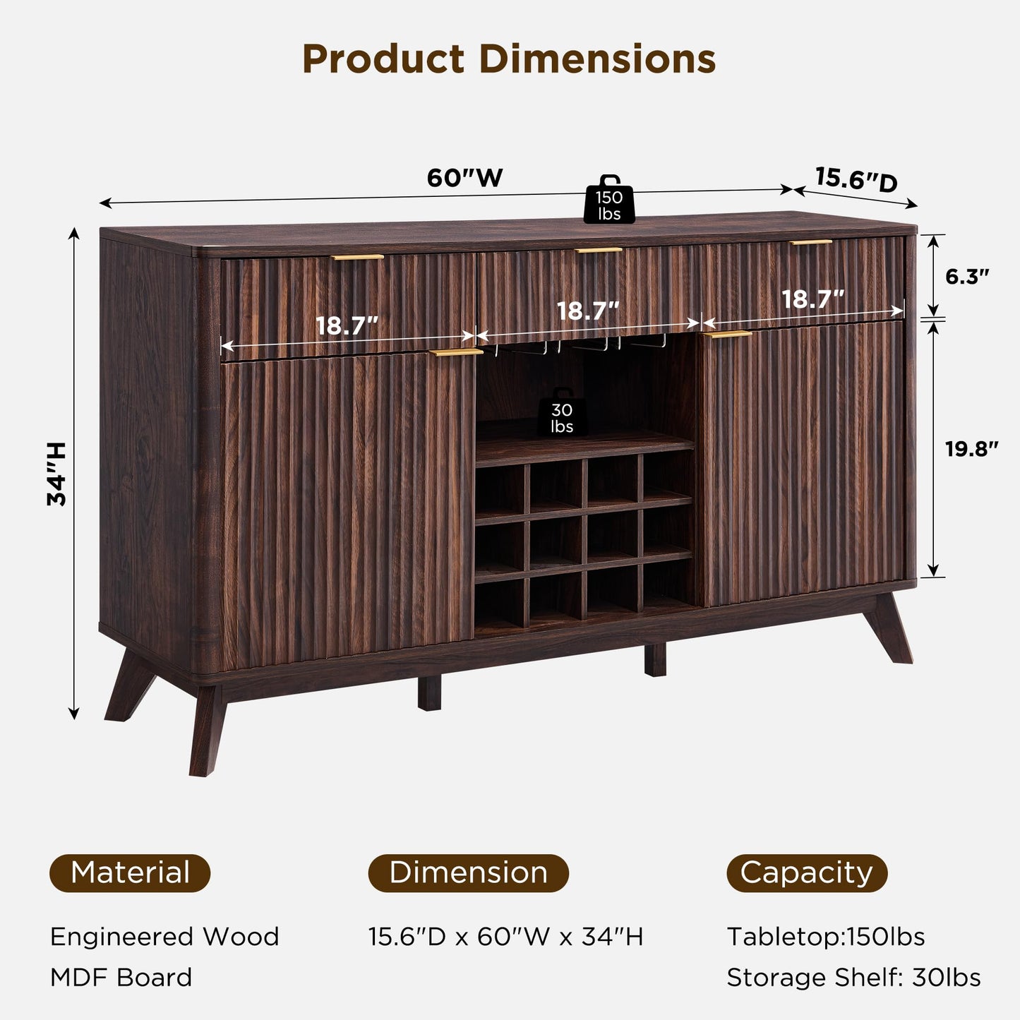 60" Fluted Buffet Cabinet with 3 Drawers and 2 Doors, Modern Wine and Coffee Bar Sideboard with Wine and Glass Racks, Adjustable Shelves for Kitchen or Dining, Walnut