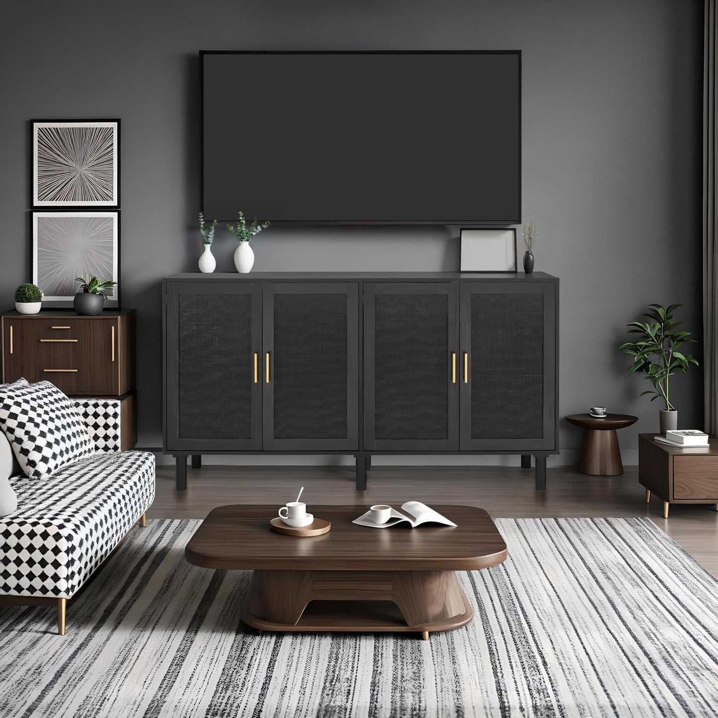 4-Door Sideboard Buffet Cabinet with Black Painted Rattan Doors, Boho Kitchen Storage Console Table and Liquor Cabinet, 62.3" x 15.7" x 34.6", Full Black